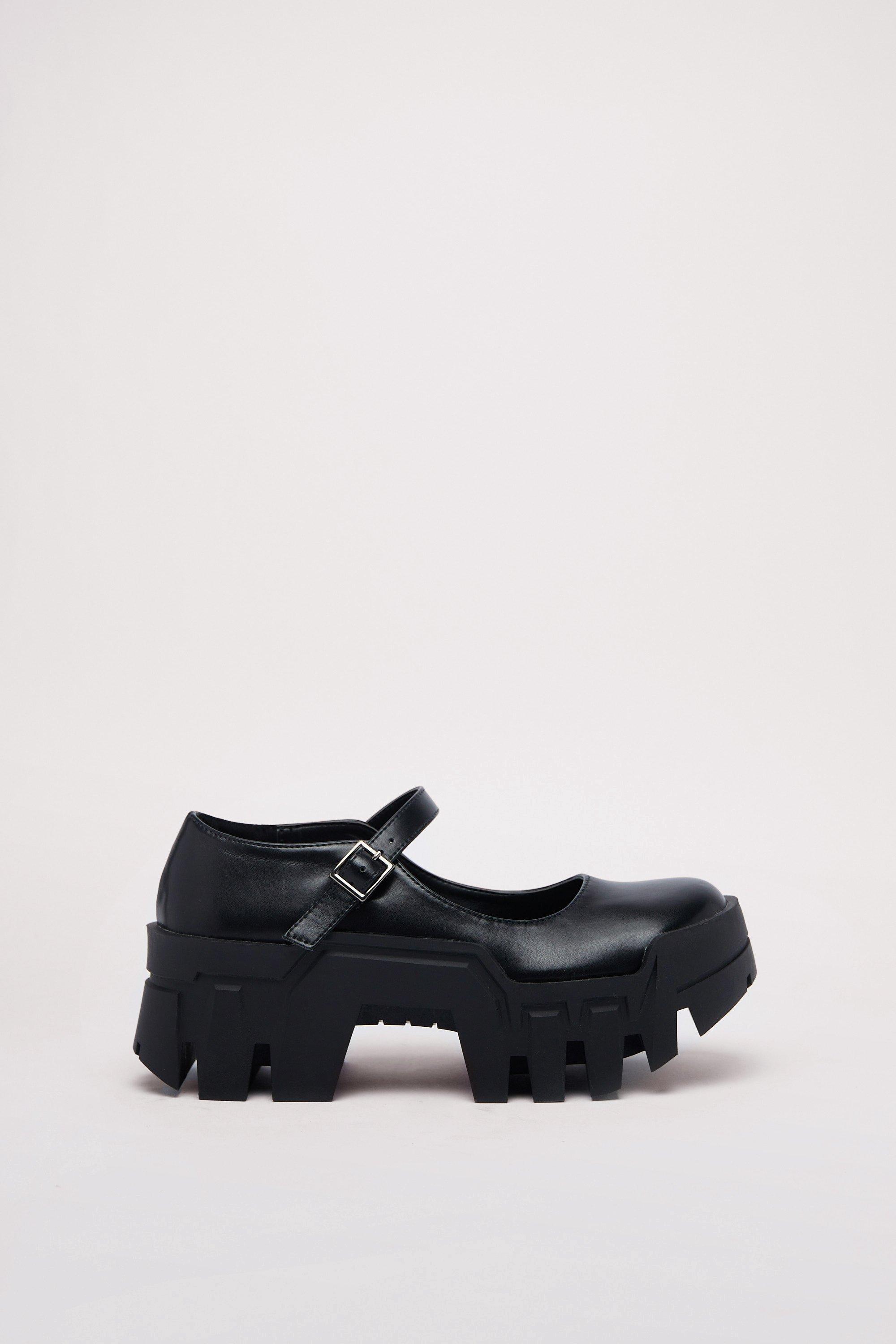 Black Mary Jane T Strap Cleated Sole Platforms High Chunky Heels