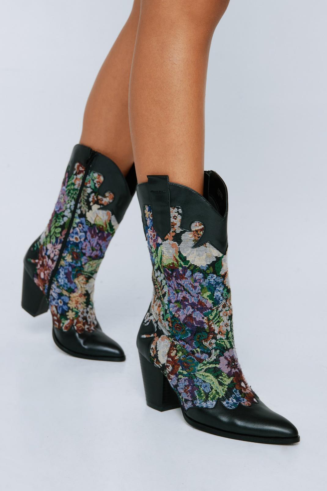 Black Faux Leather Floral Embroidered Cowboy Boots image number 1