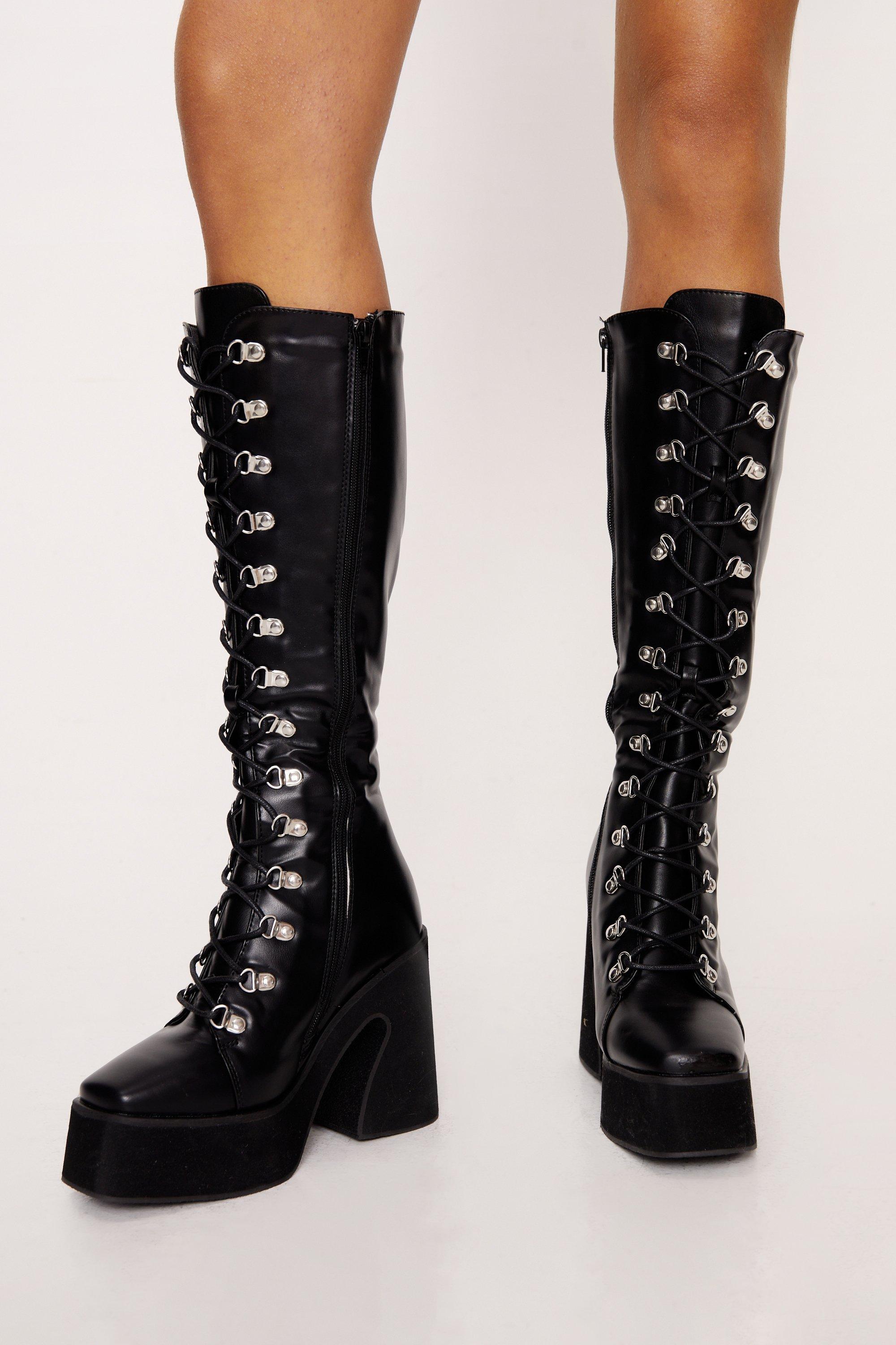 Chunky knee high outlet lace up boots