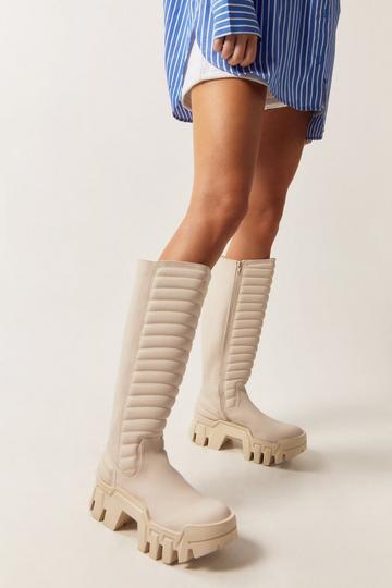 Faux Leather Chunky Knee High Boots cream
