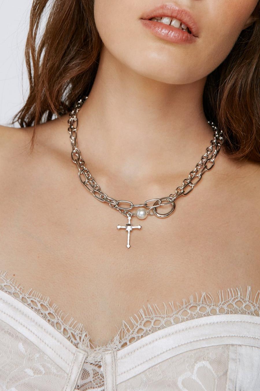 Diamante Pearl Cross Chain Layered Necklace