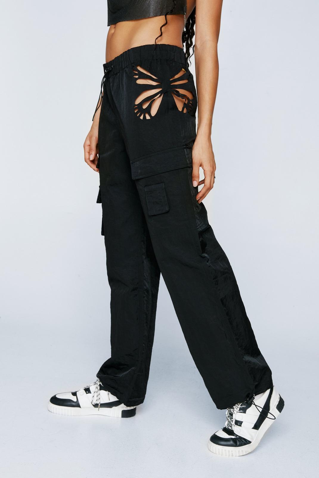 Black Butterfly Cutout Detail Cargo Pants image number 1