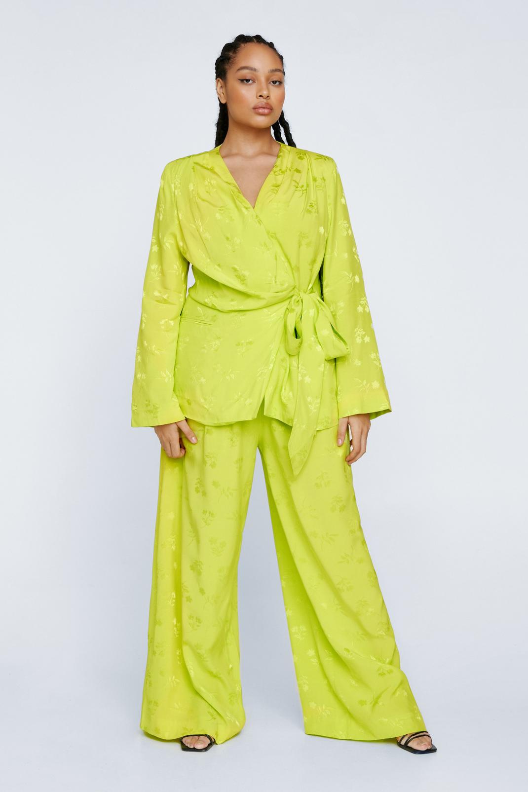 Lime Plus Size Premium Satin Floral Wide Leg Trousers image number 1
