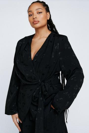Black Plus Size Premium Satin Floral Wrap Waist Blazer