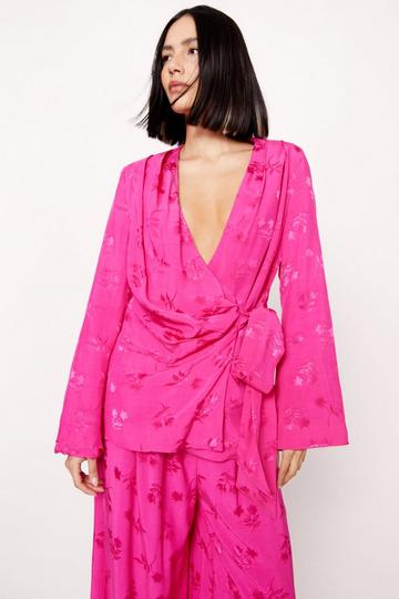 Pink Petite Premium Floral Satin Wrap Waist Blazer