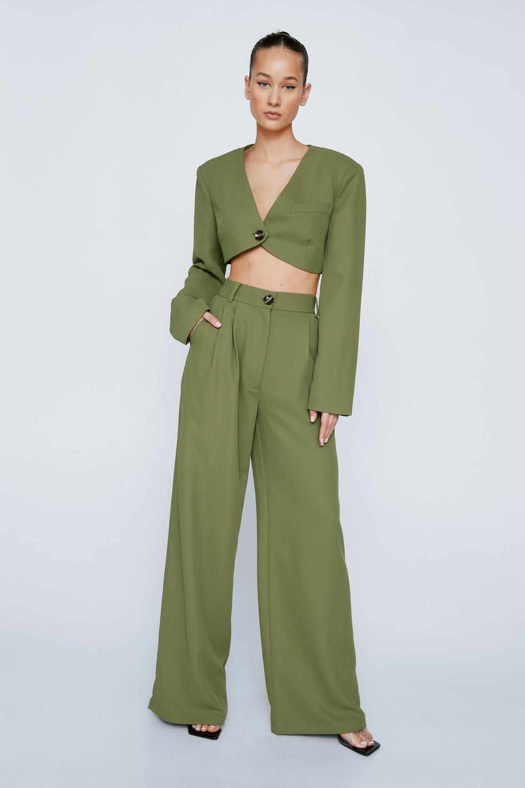 Khaki Pleated Wide Leg Tailored Trouser image number 1