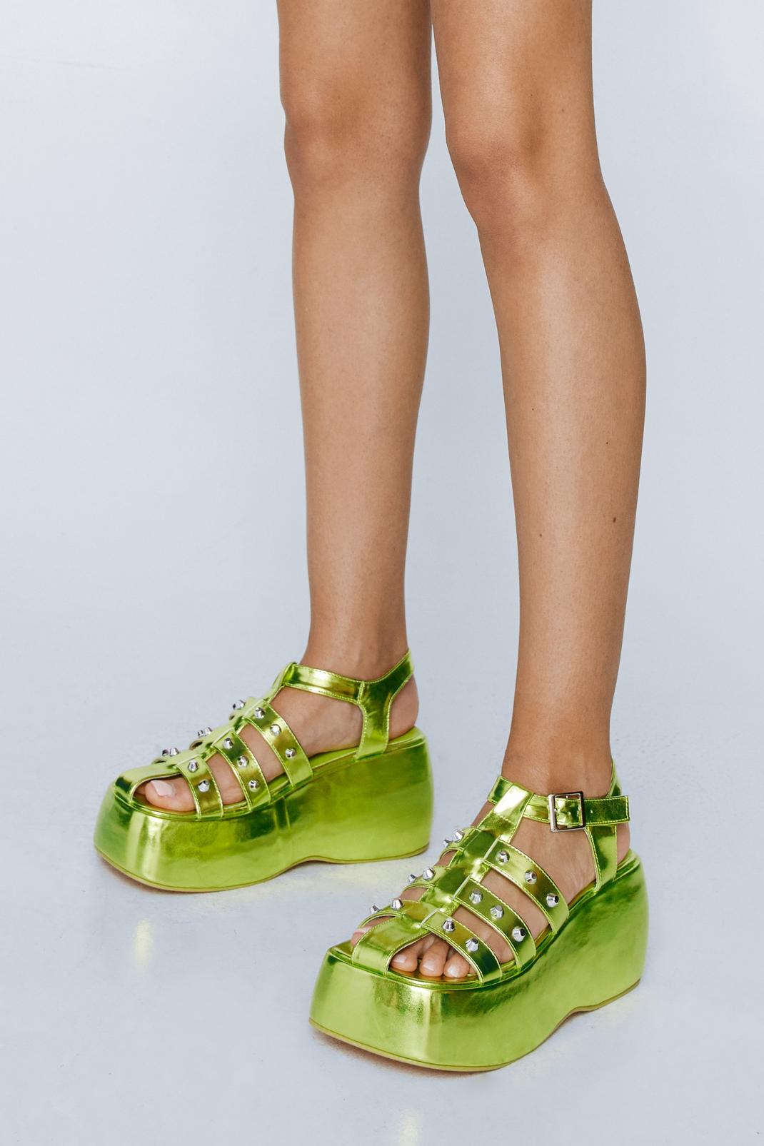 Lime Metallic Studded Platform Sandals image number 1