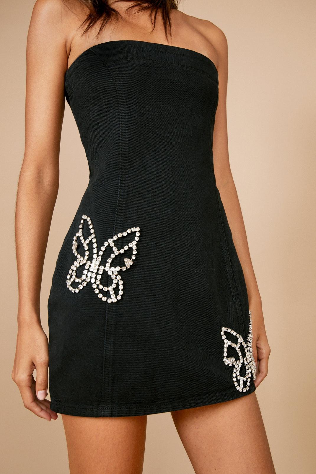 Mini robe bandeau en jean à papillons strassés , Washed black image number 1