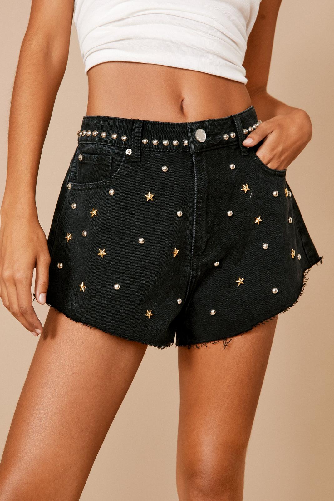 Washed black Premium Embellished Star Studded Denim Shorts image number 1