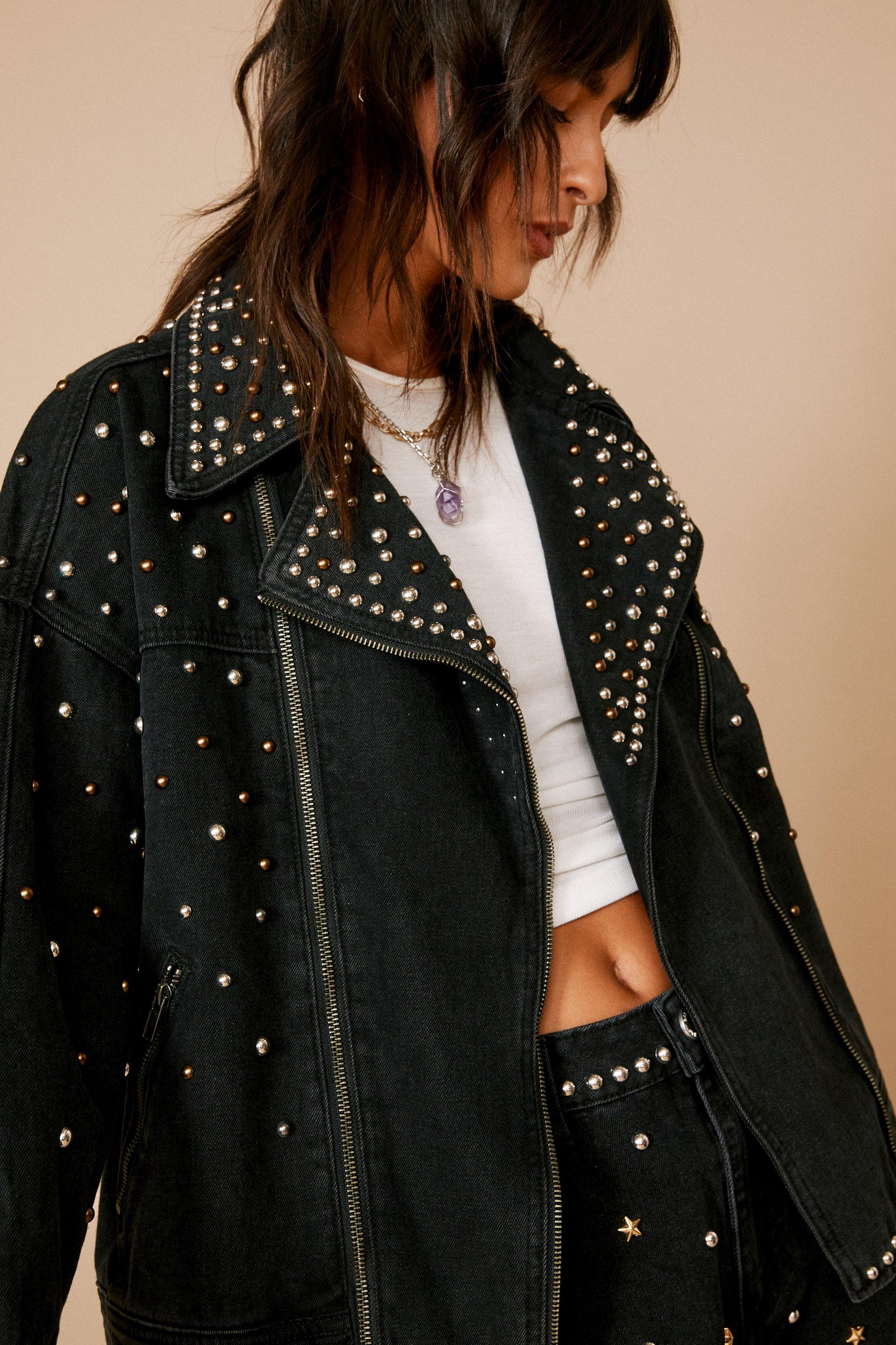 Black studded best sale denim jacket