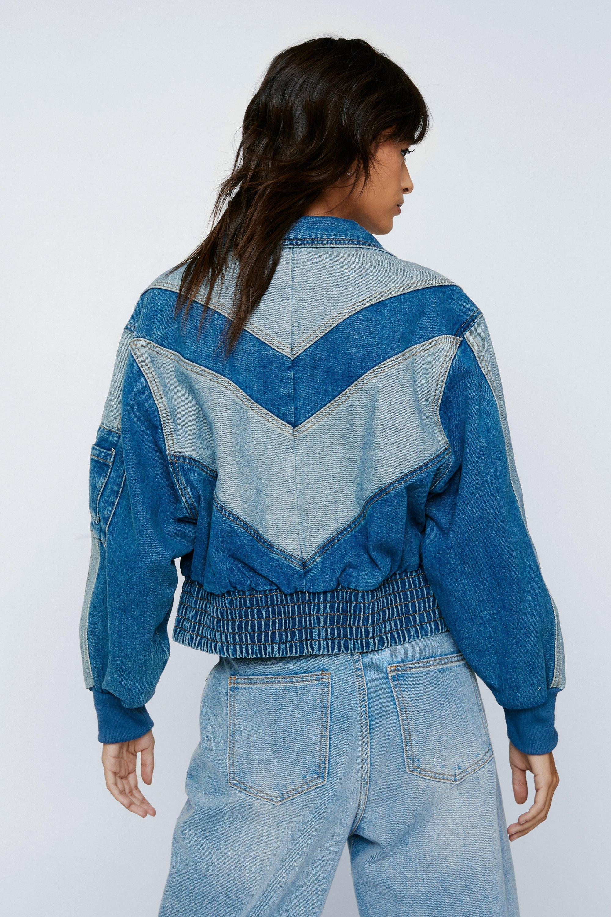 Color Block Zip Detail Denim Bomber Jacket