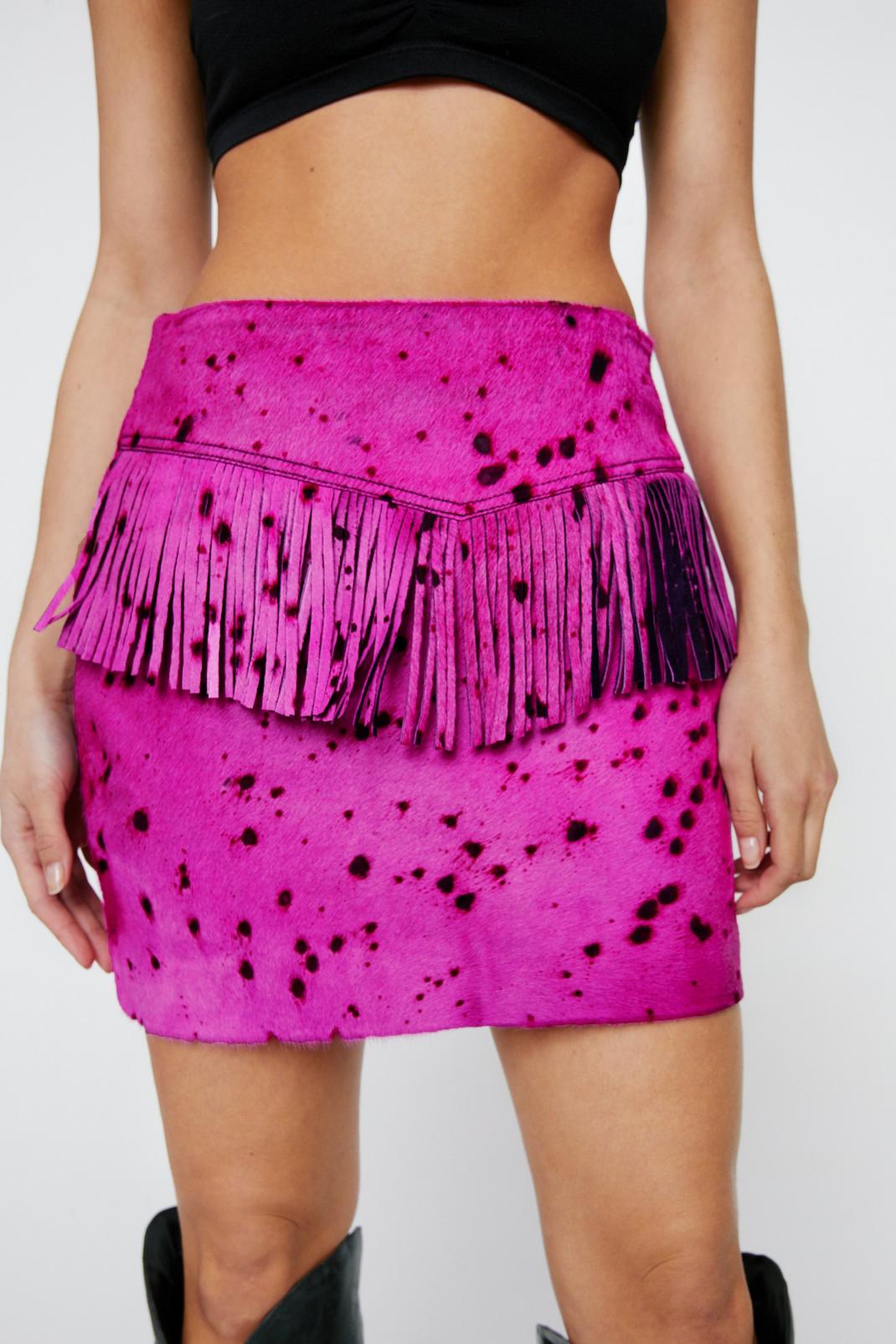 Pink Real Pony Hair Two Piece Fringe Mini Skirt image number 1