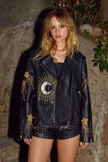 Real Leather Star and Moon Embroidered Jacket black