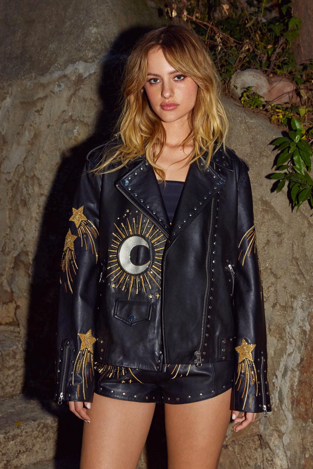 Black Real Leather Star and Moon Embroidered Jacket image number 1