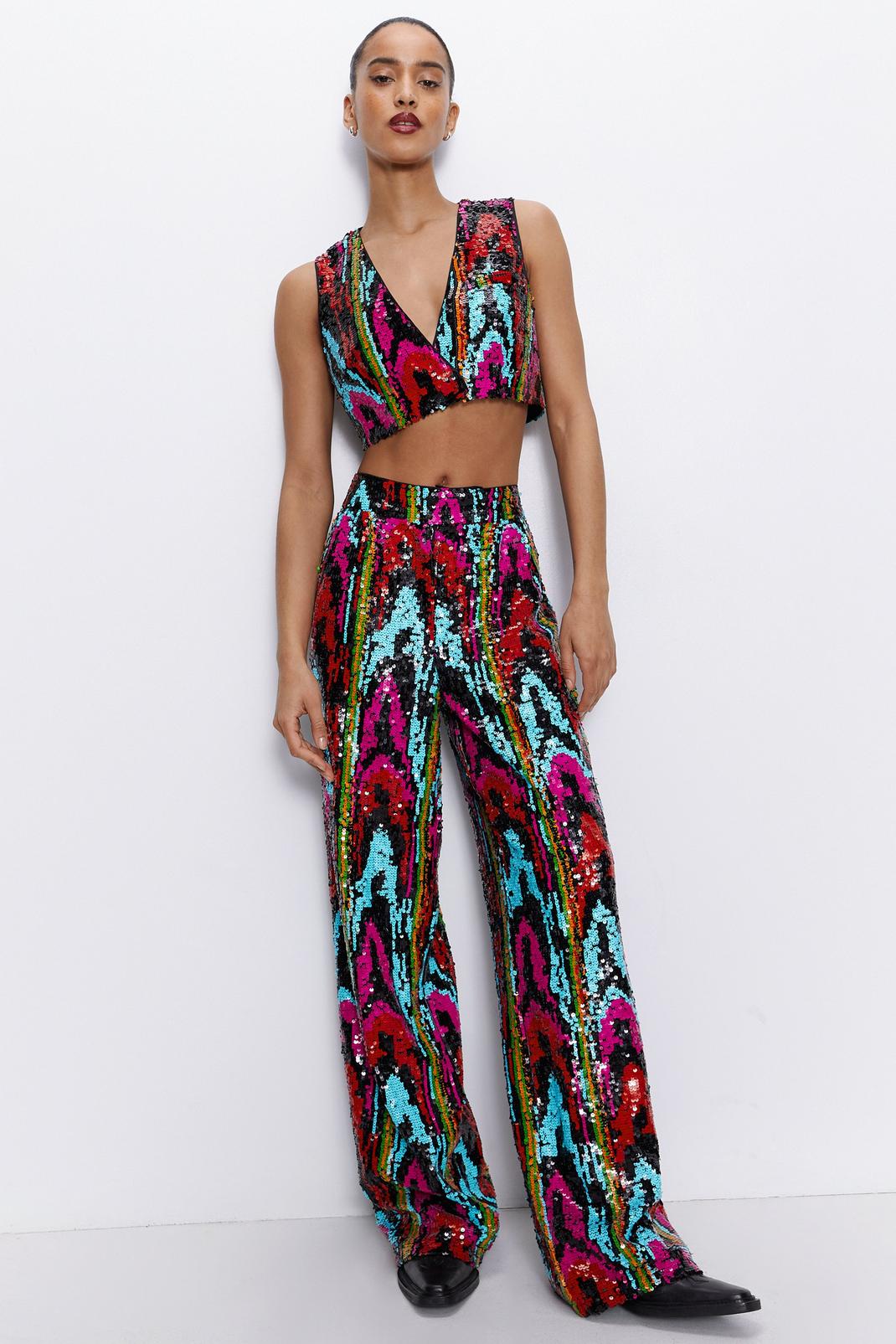 Pantalon large premium en sequins multicolores, Multi image number 1