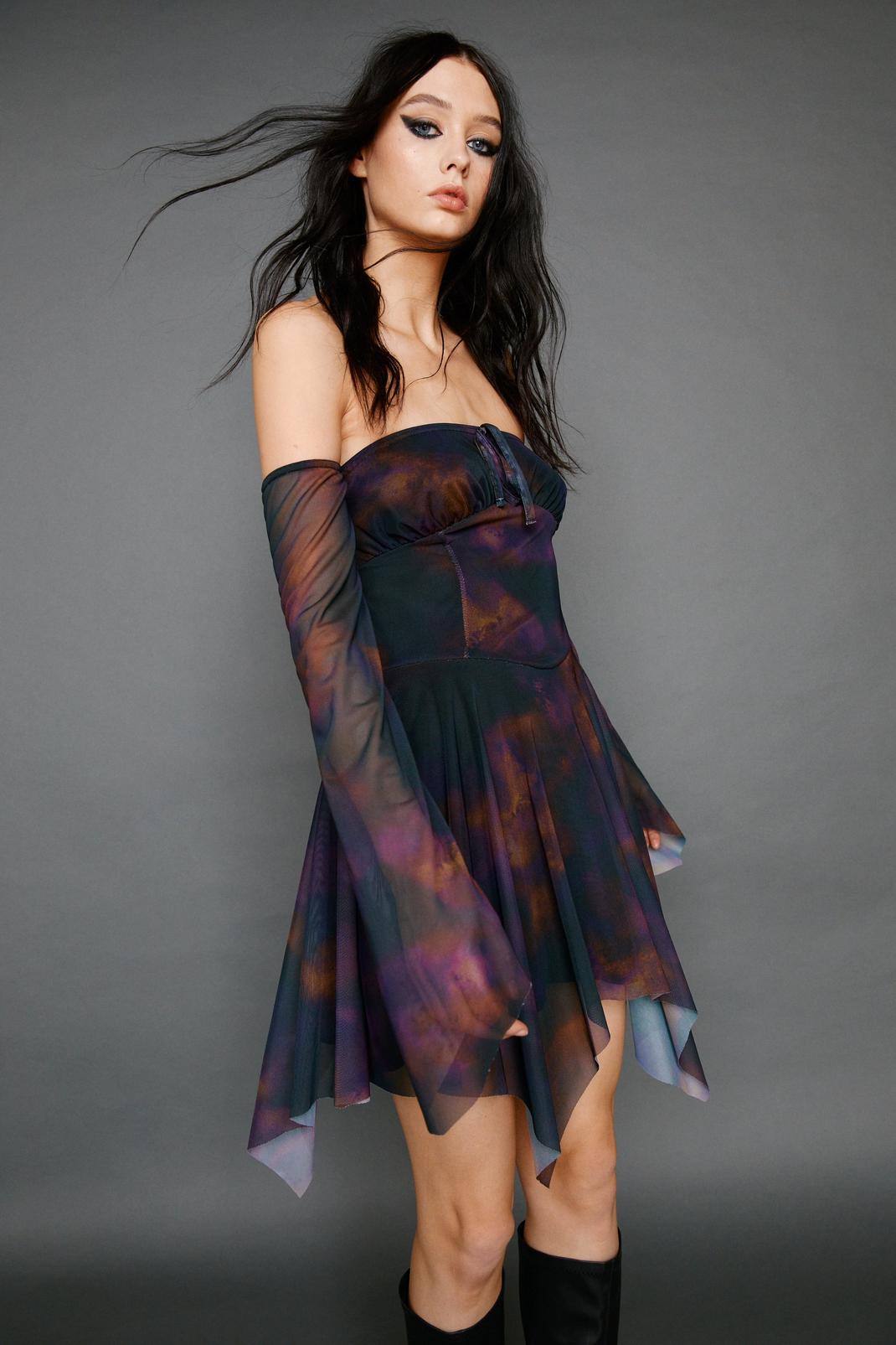 Purple Printed Asymmetric Bardot Long Sleeve Dress image number 1