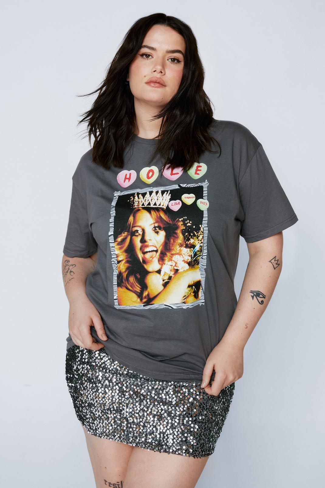 Charcoal Plus Size Hole Graphic Band T-shirt image number 1