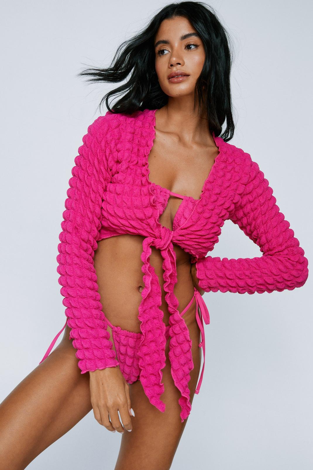 Hot pink Bubble Textured Multiway 3 Pc Bandeau Bikini & Shirt Set image number 1