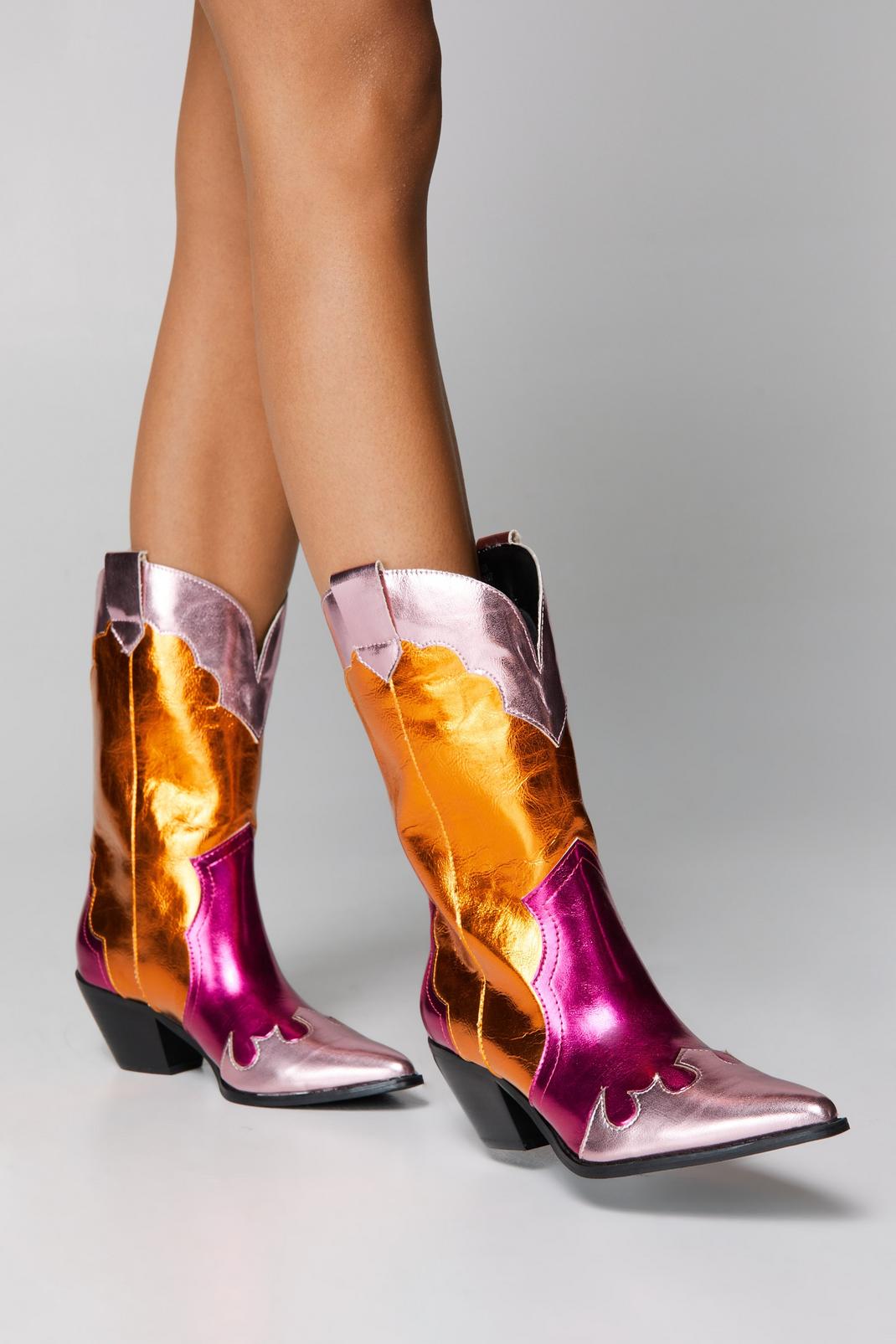 Pink Multicolour Metallic Cowboy Boots image number 1