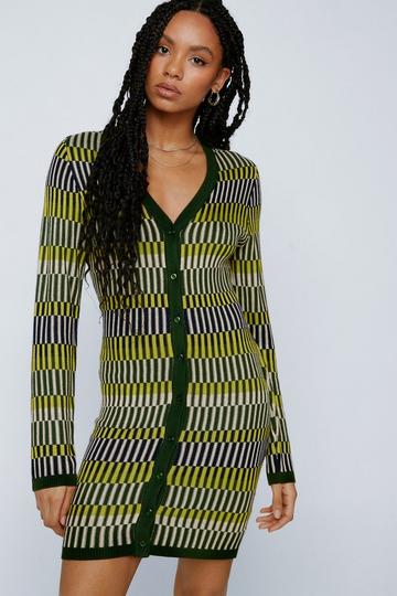 Khaki Contrast Stripe Button Up Knit Mini Dress