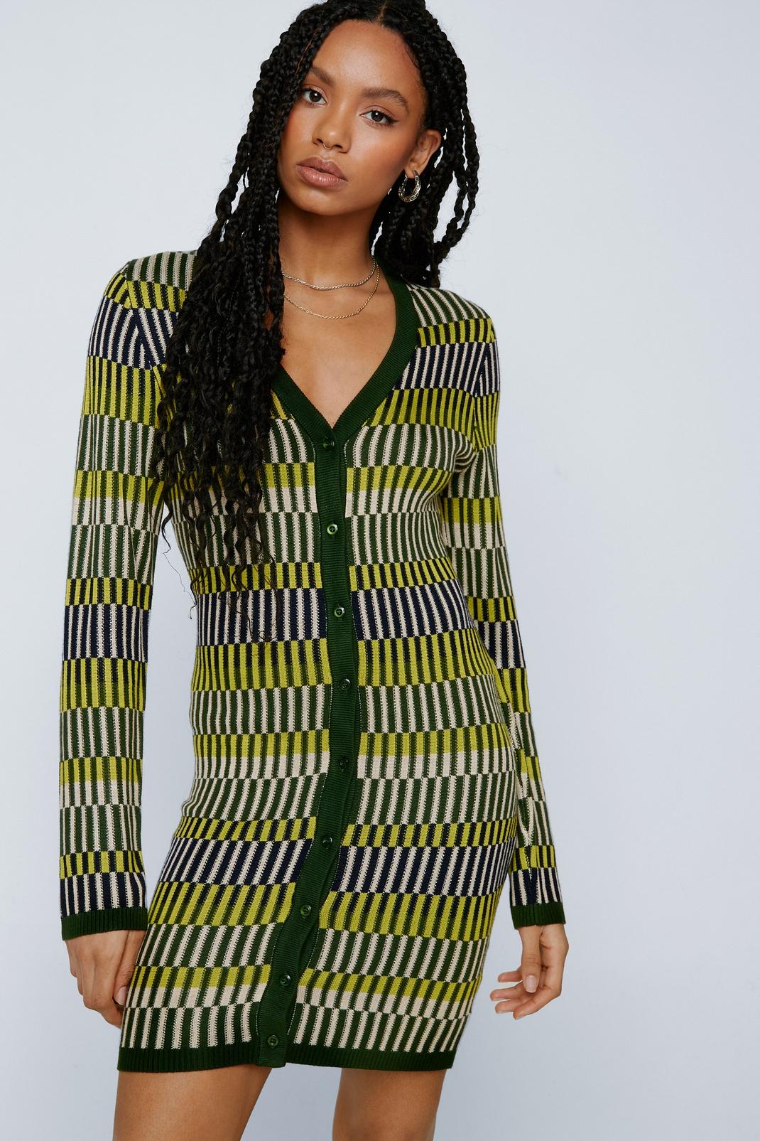 Khaki Contrast Stripe Button Up Knitted Mini Dress image number 1