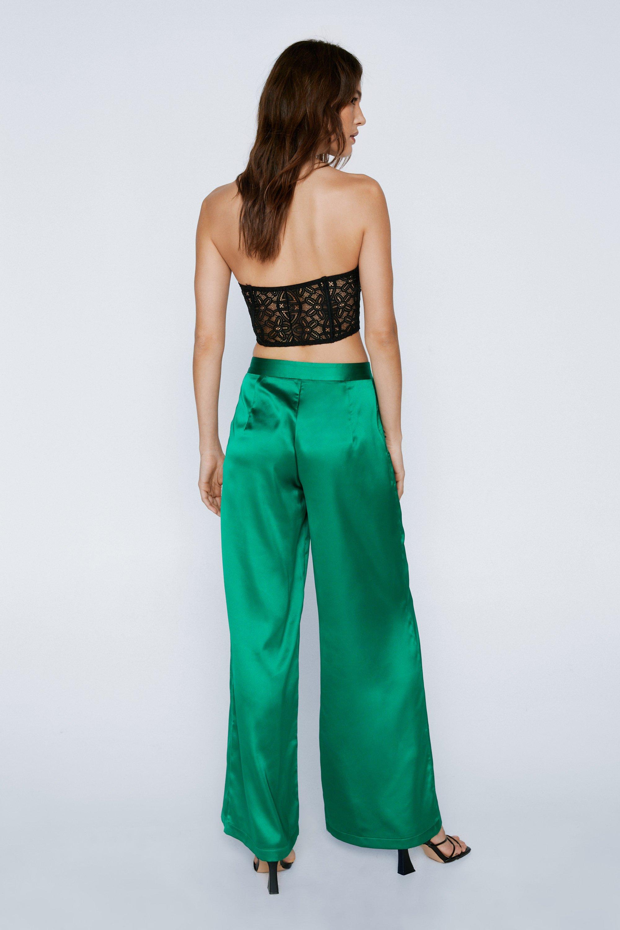 Green satin wide leg 2024 trousers