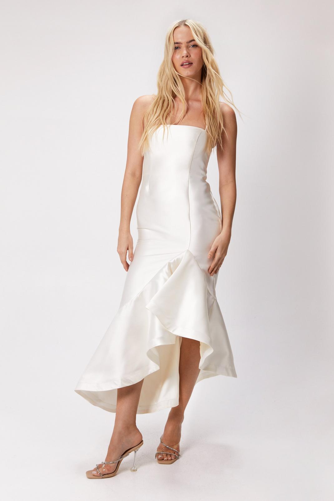 Ivory Structured Twill Ruffle Strappy Midi Dress image number 1