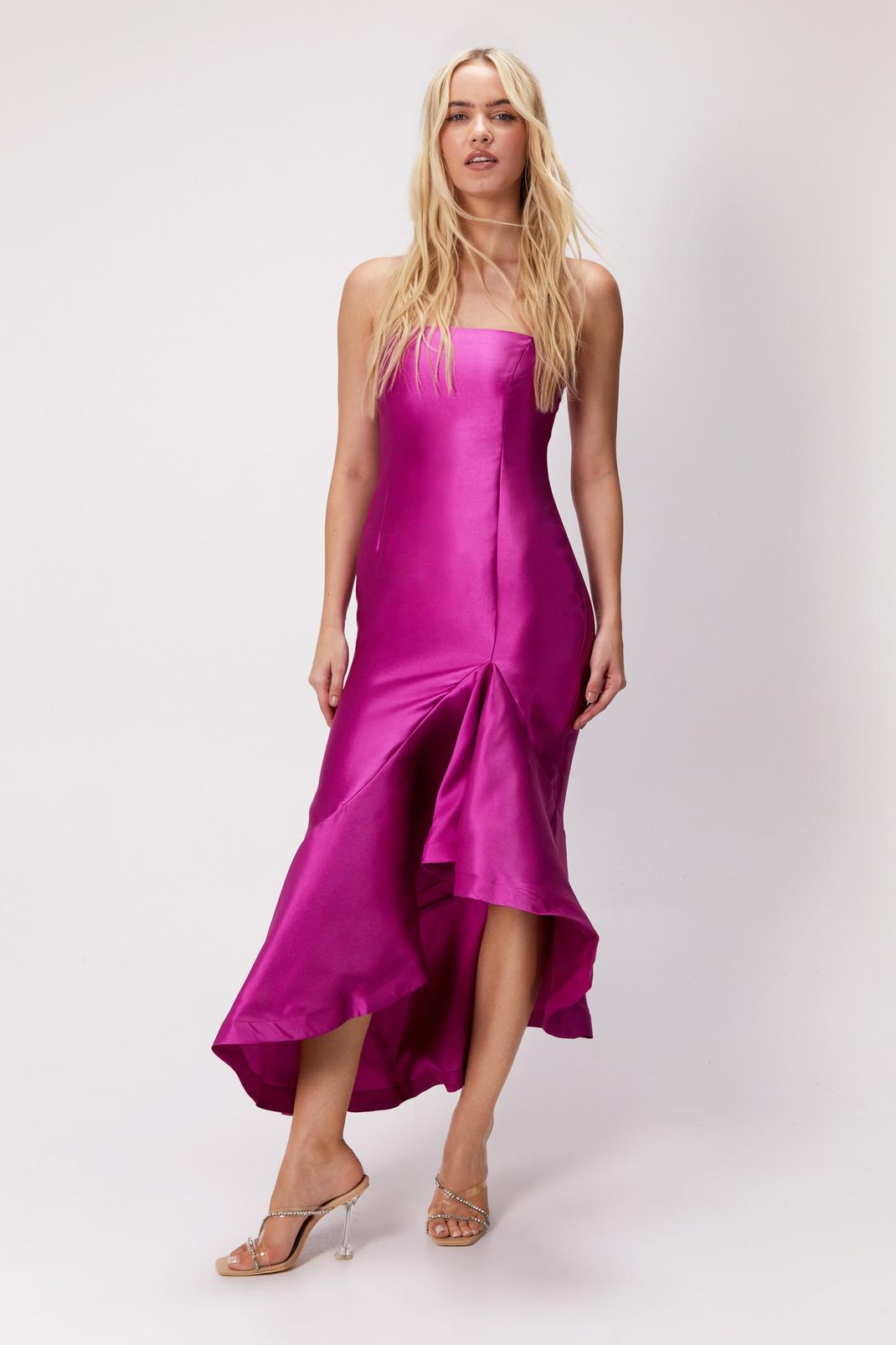 Magenta Structured Twill Ruffle Strappy Midi Dress image number 1