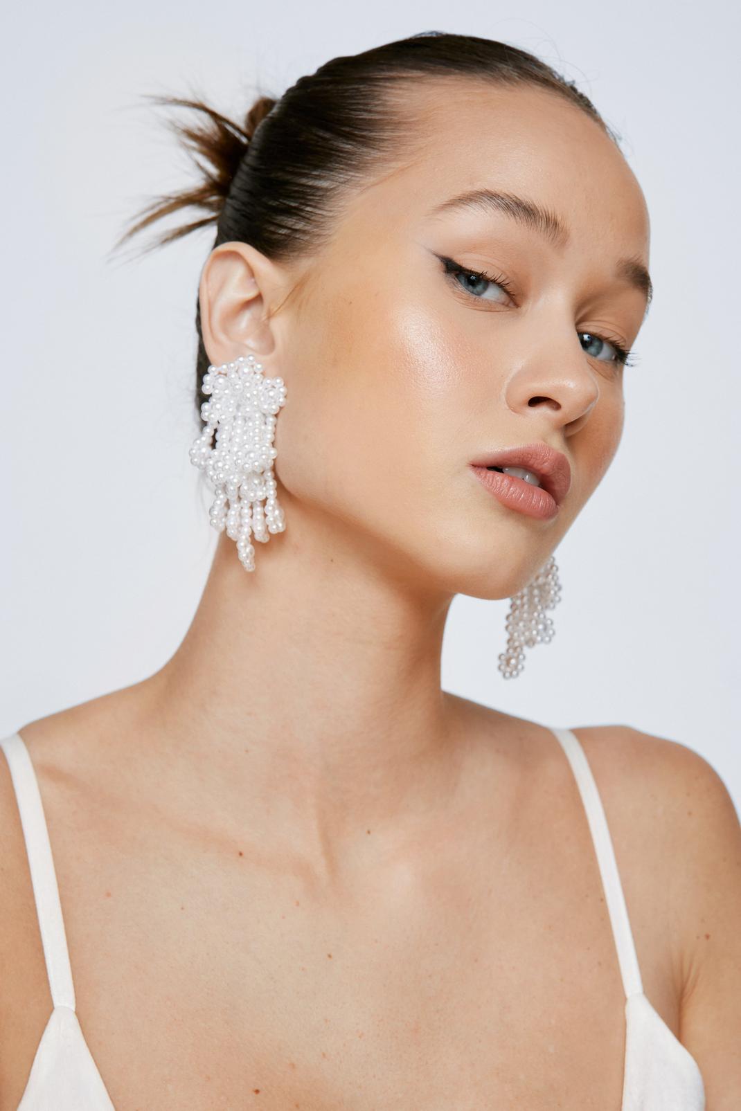 White Pearl Beaded Statement Earrings image number 1