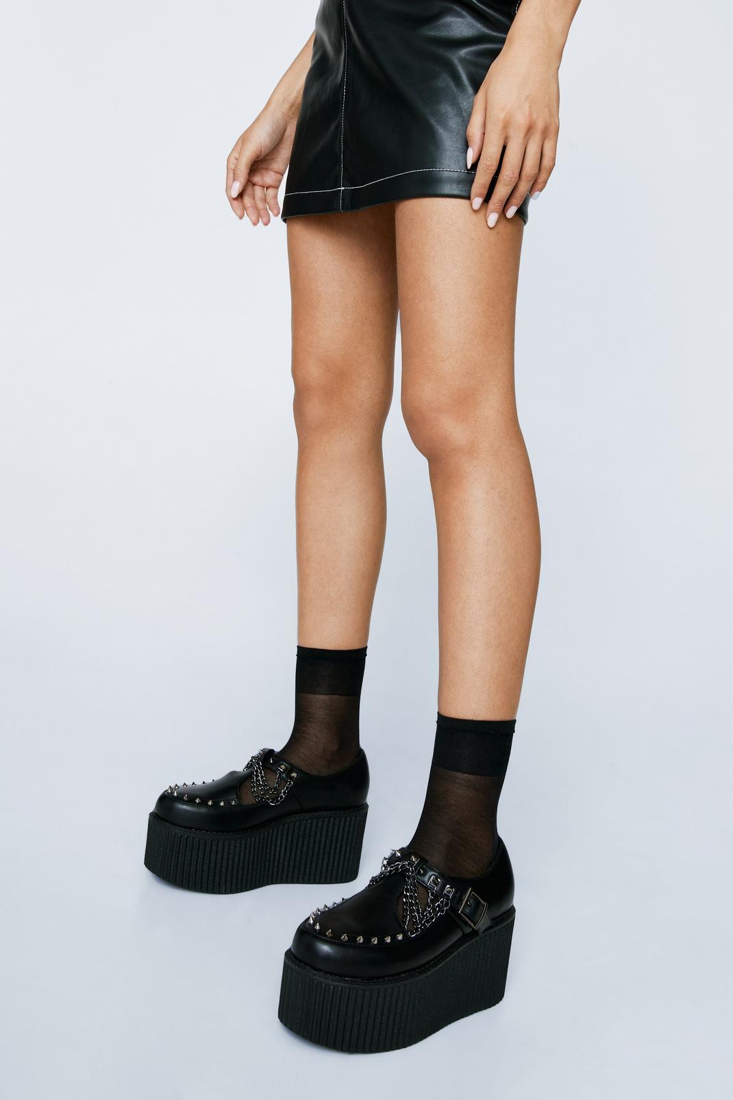 Black Faux Leather Platform Chain & Stud Creeper Shoes image number 1