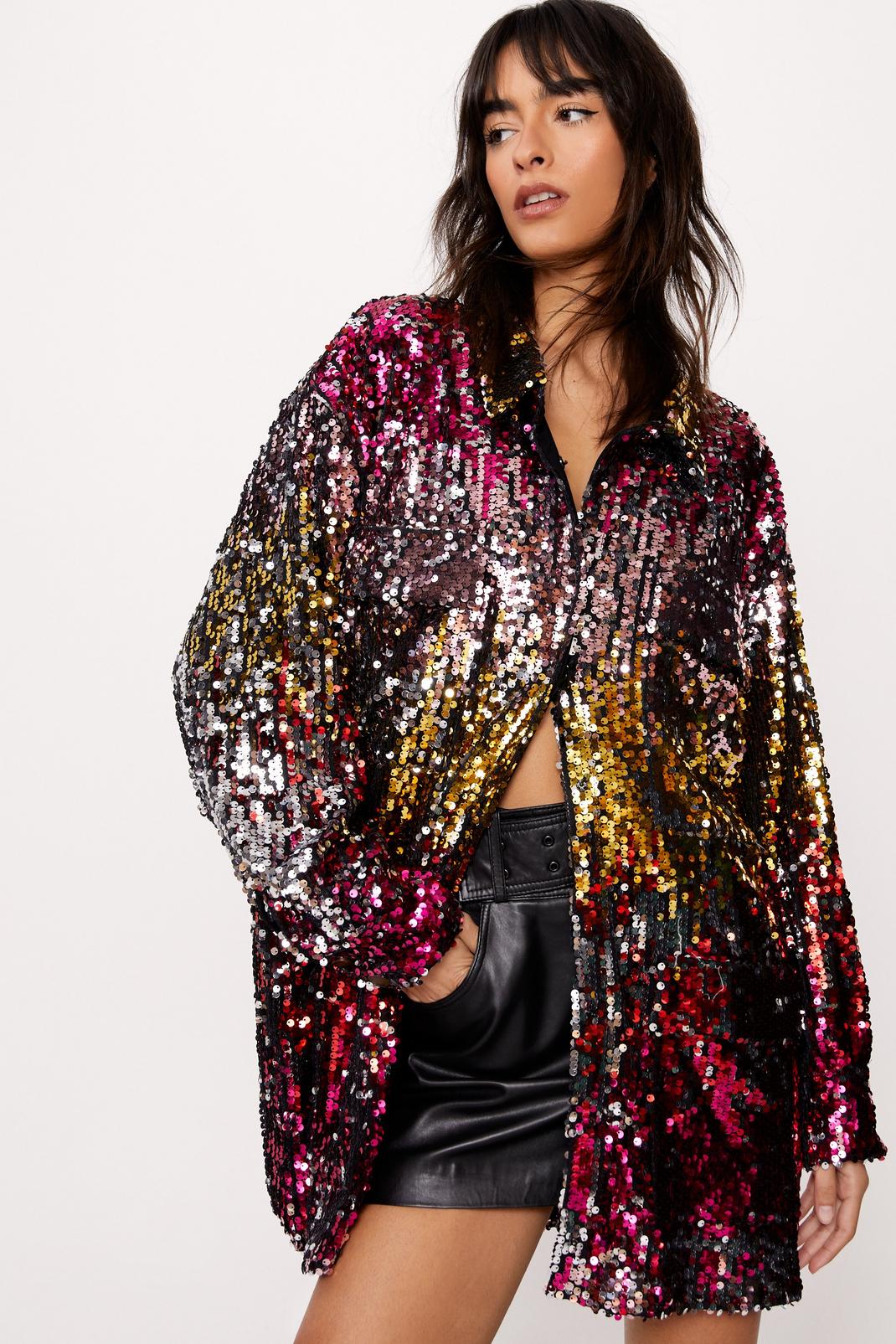 Red Ombre Sequin Oversized Shirt  image number 1