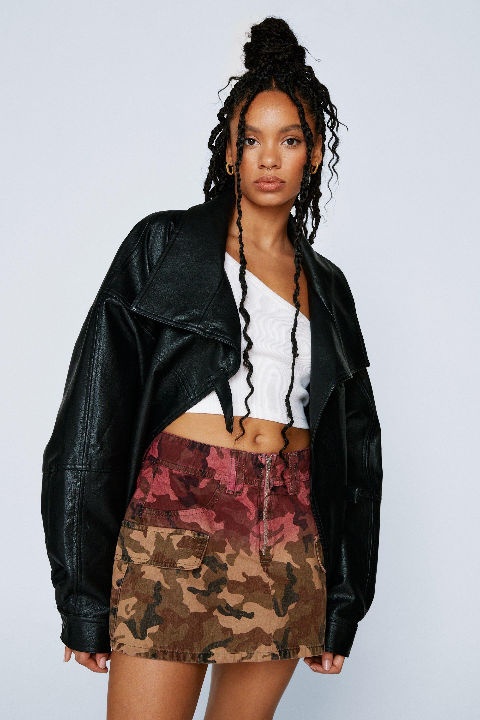 Leather skirt shop camo jacket