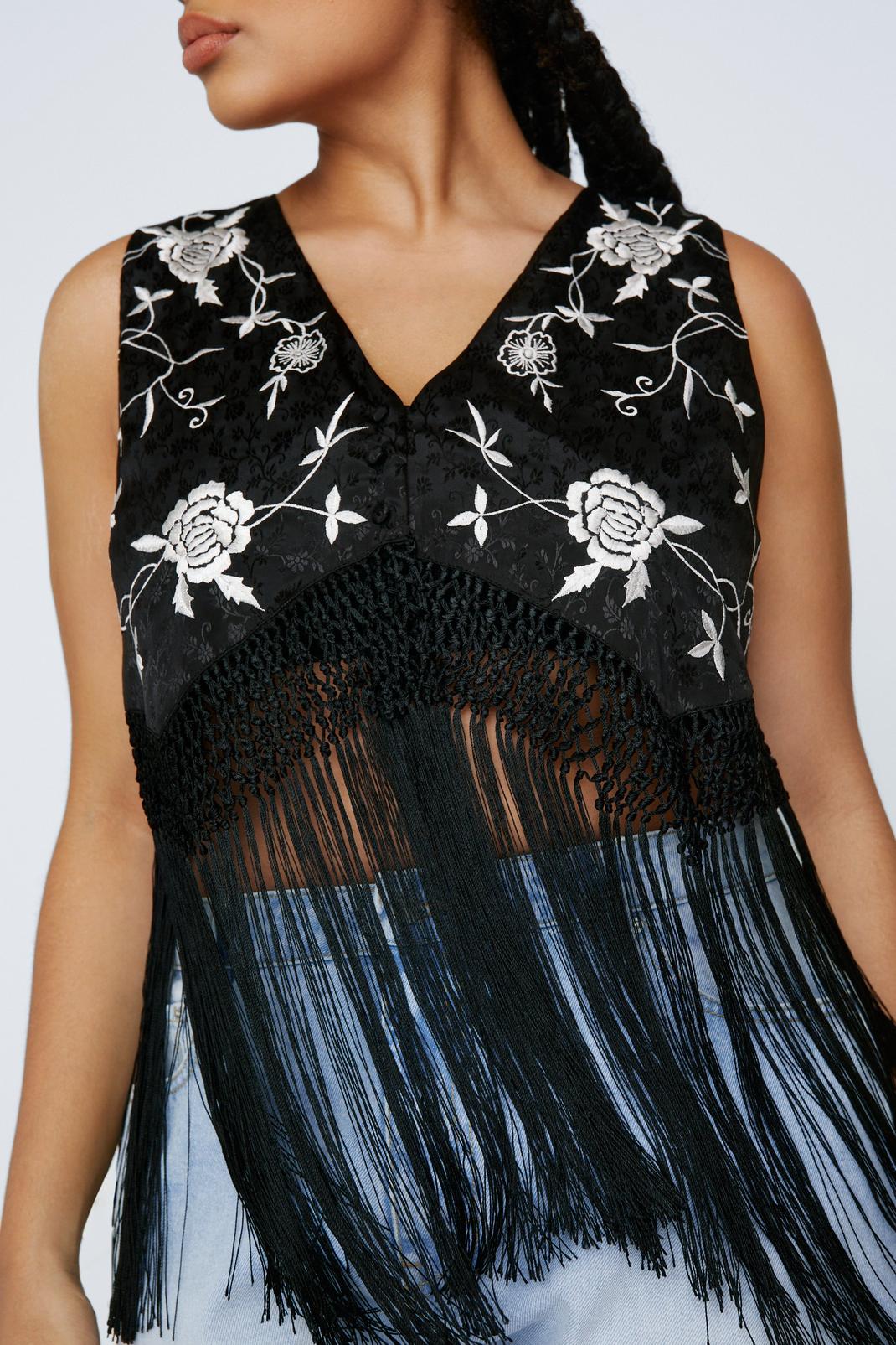 Black Plus Size Embroidered Tassel Hem Vest image number 1