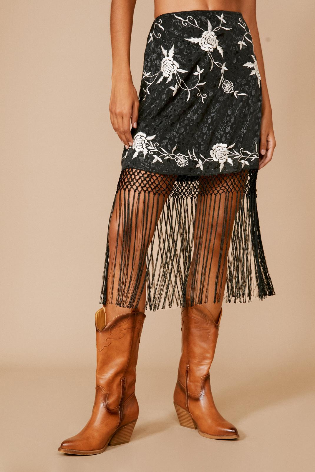Black Embroidered Tassel Hem Mini Skirt image number 1
