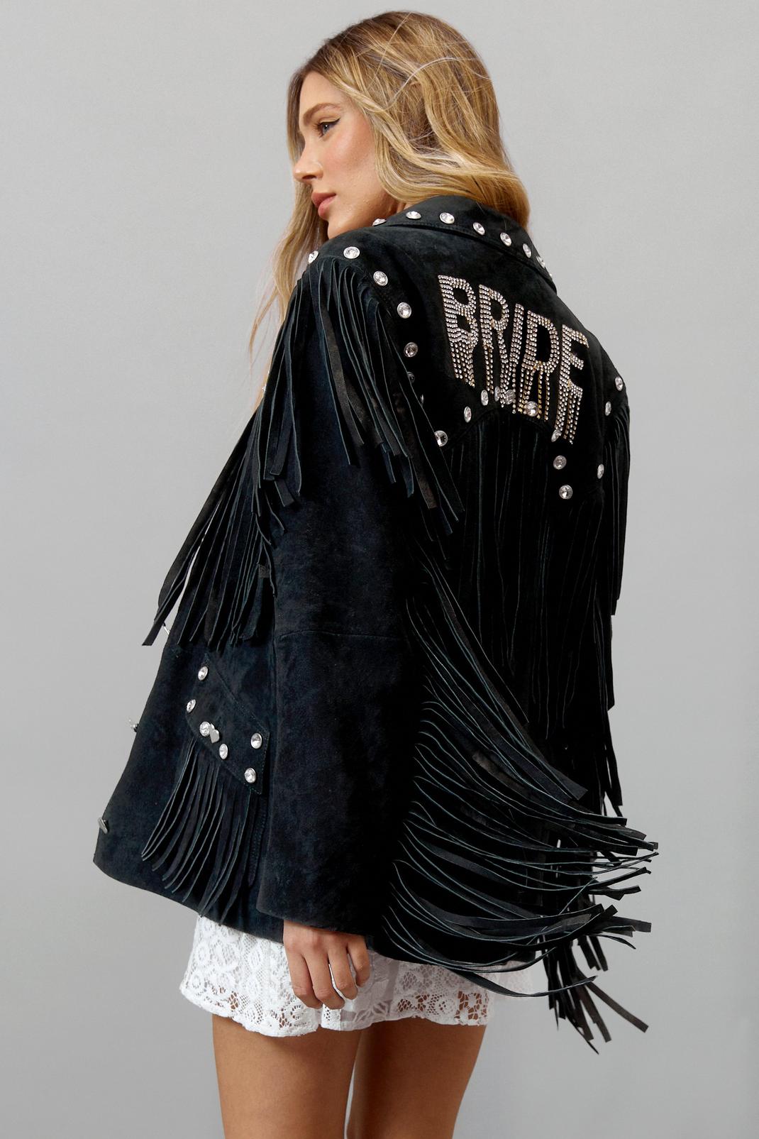 Black Real Suede Bridal Embellished Fringe Jacket image number 1
