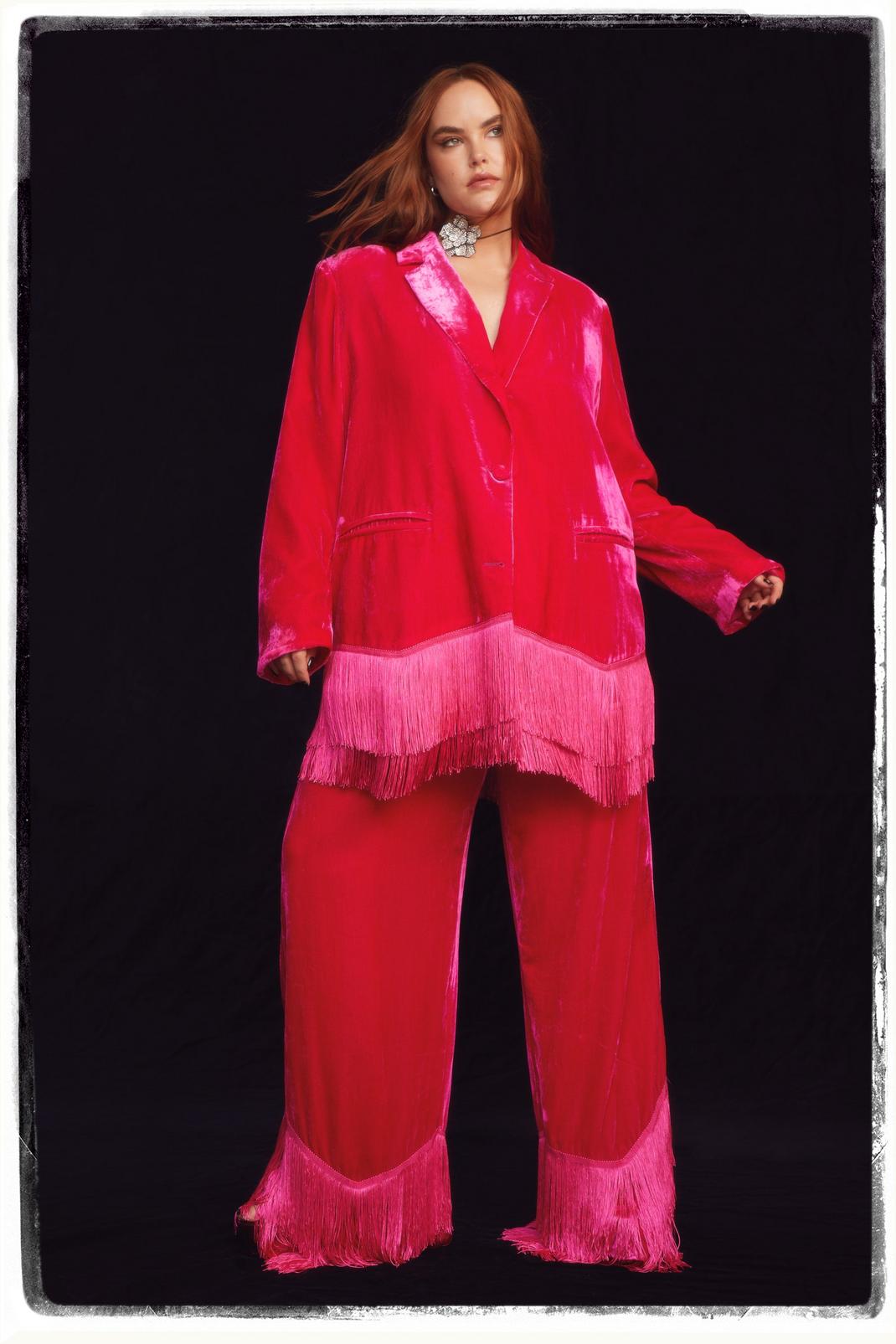 Pink Plus Size Premium Velvet Tassel Trim Tailored Trousers image number 1
