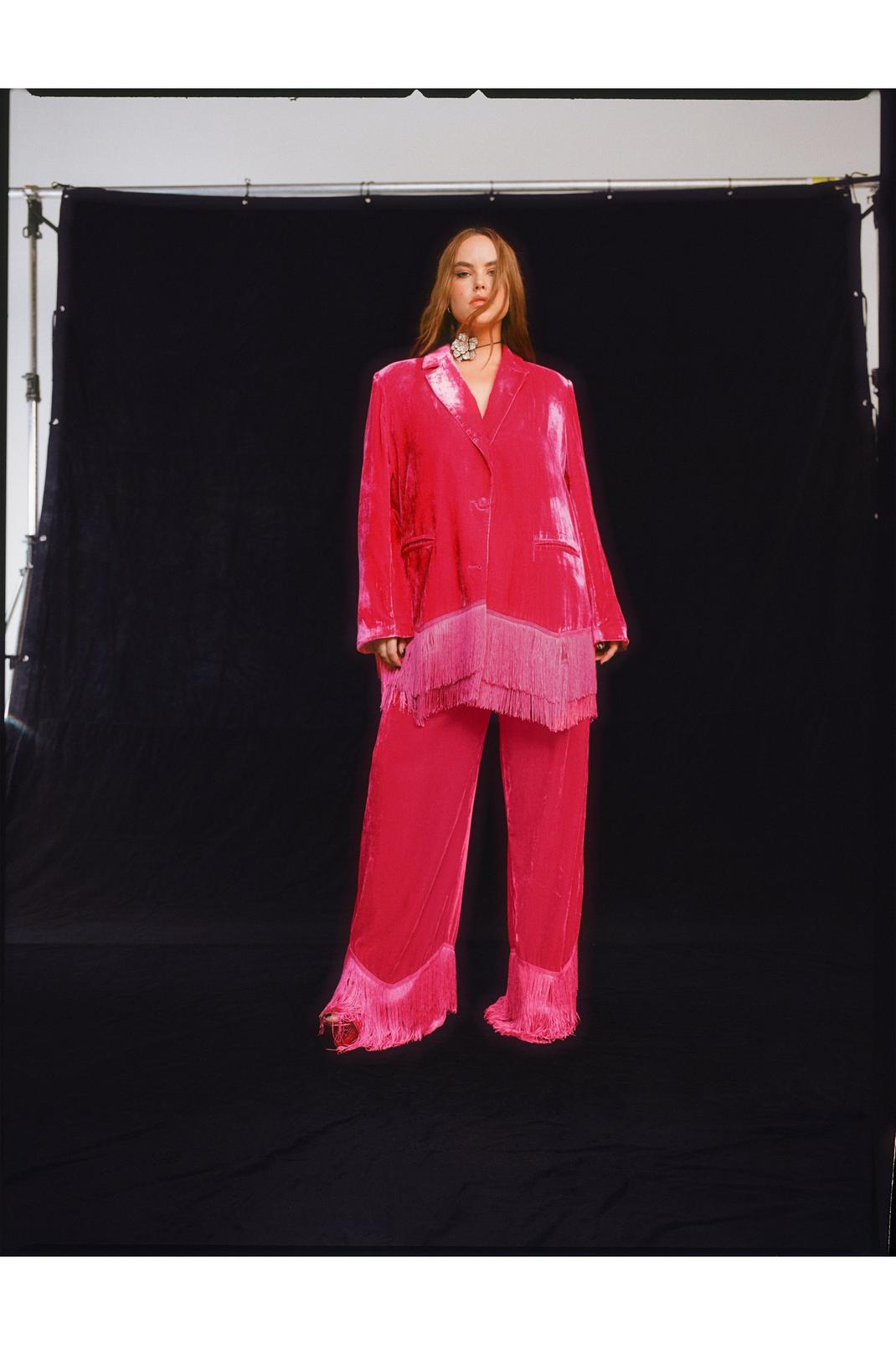 Pink Plus Size Premium Velvet Tassel Blazer image number 1