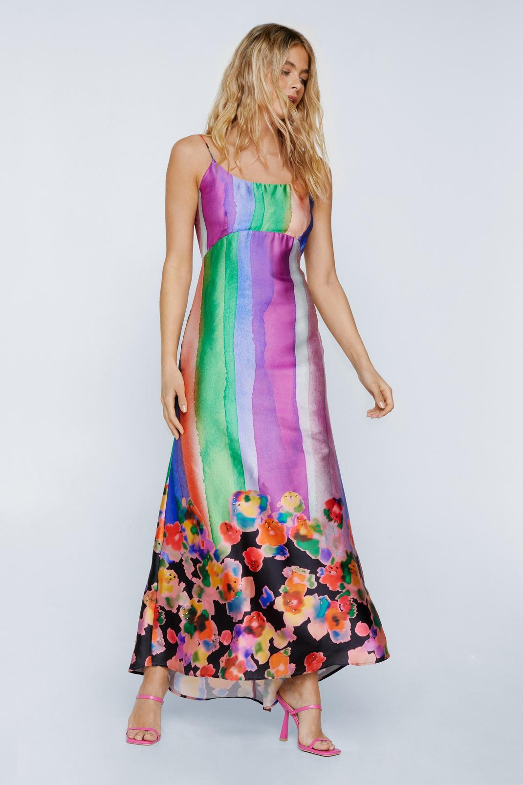Multi Tie Dye Floral Placement Print Embellished Maxi Dress image number 1