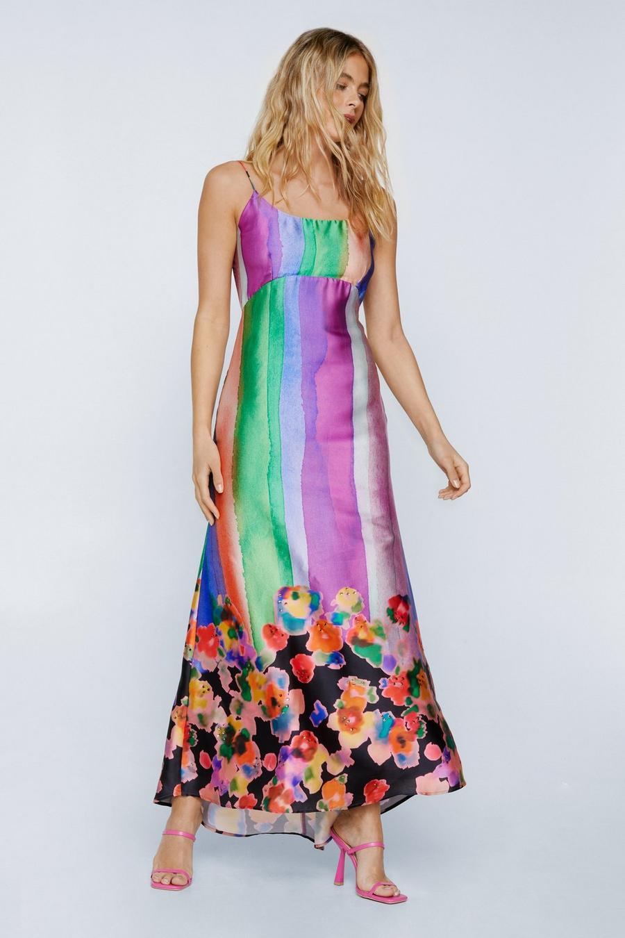 Tie Dye Floral Placement Print Embellished Maxi Dress