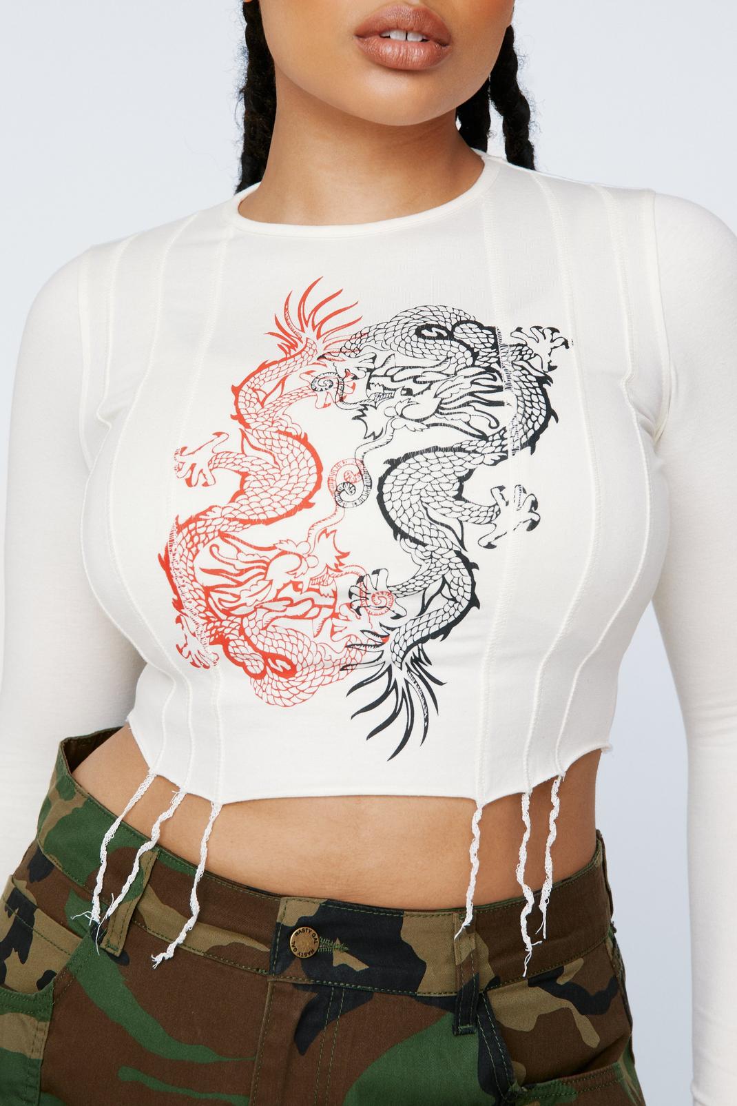 Grande taille - Top manches longues à imprimé dragons et coutures apparentes , Ecru image number 1