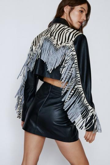Black Real Leather Zebra Fringed Jacket