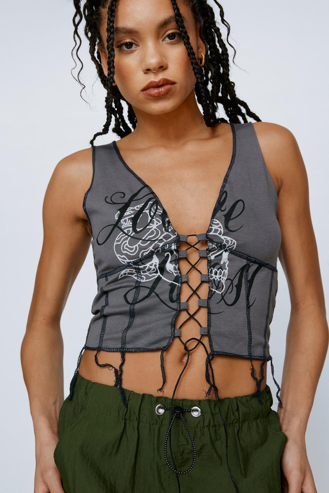 Charcoal Lace Up Contrast Stitch Graphic Tank Top image number 1