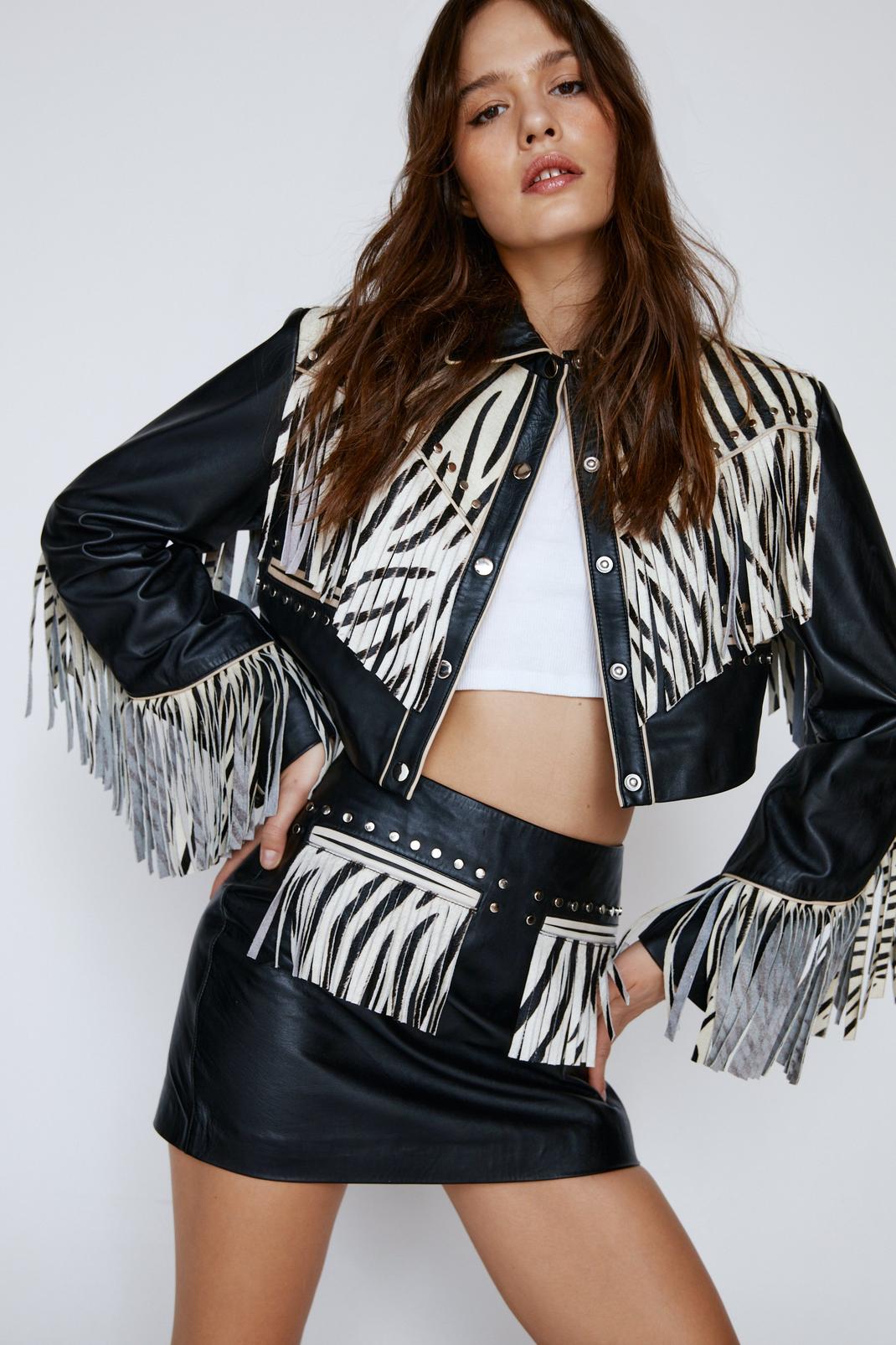 Black Real Leather Zebra Fringed Skirt image number 1