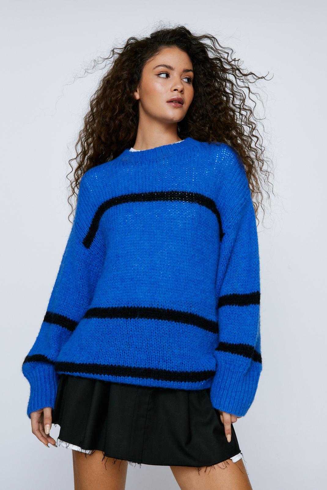 Blue Stripe Oversized Knitted Jumper image number 1