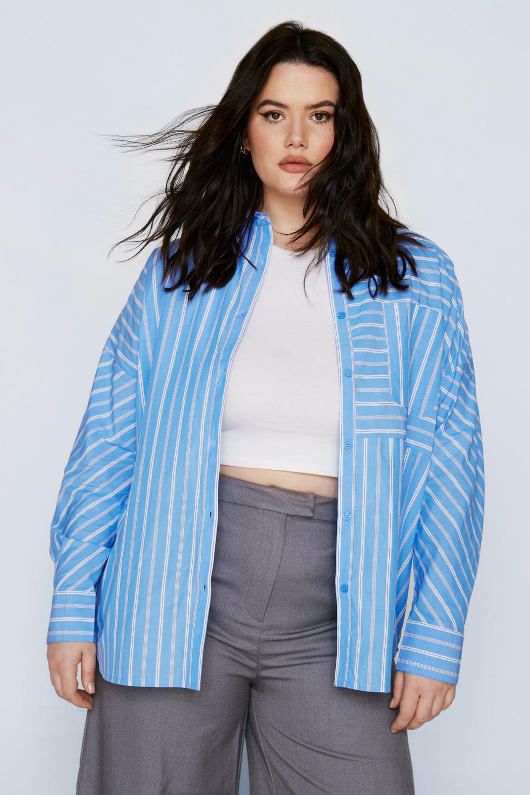 Blue Plus Size Stripe Poplin Relaxed Shirt image number 1