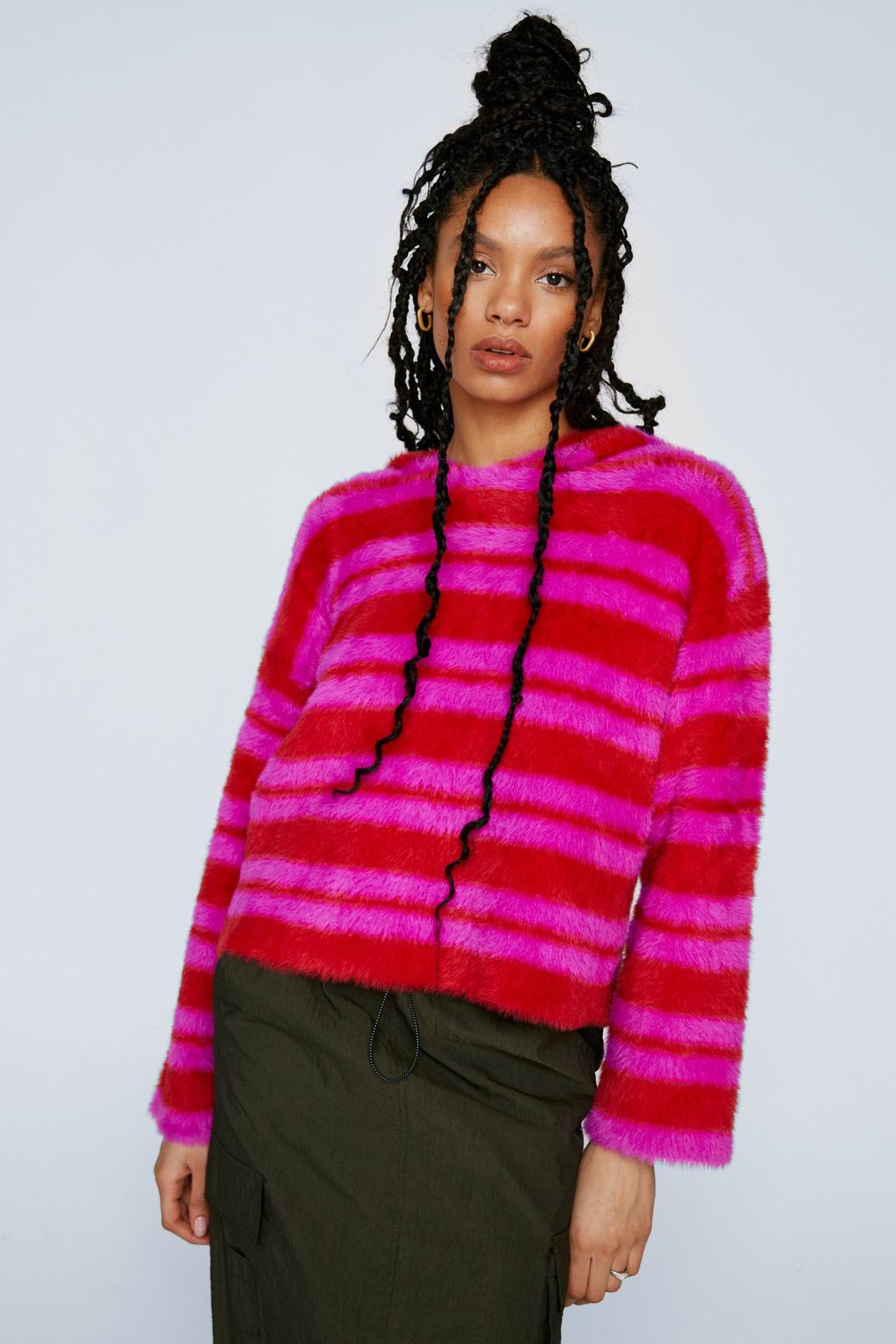 Pink Hooded Stripe Brushed Knit Sweater image number 1