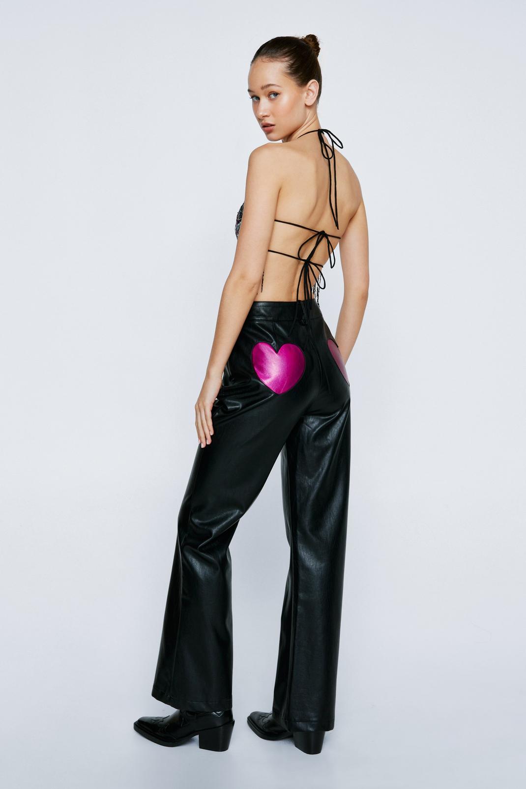 Black Petite Faux Leather Heart Bum Flared Trousers image number 1