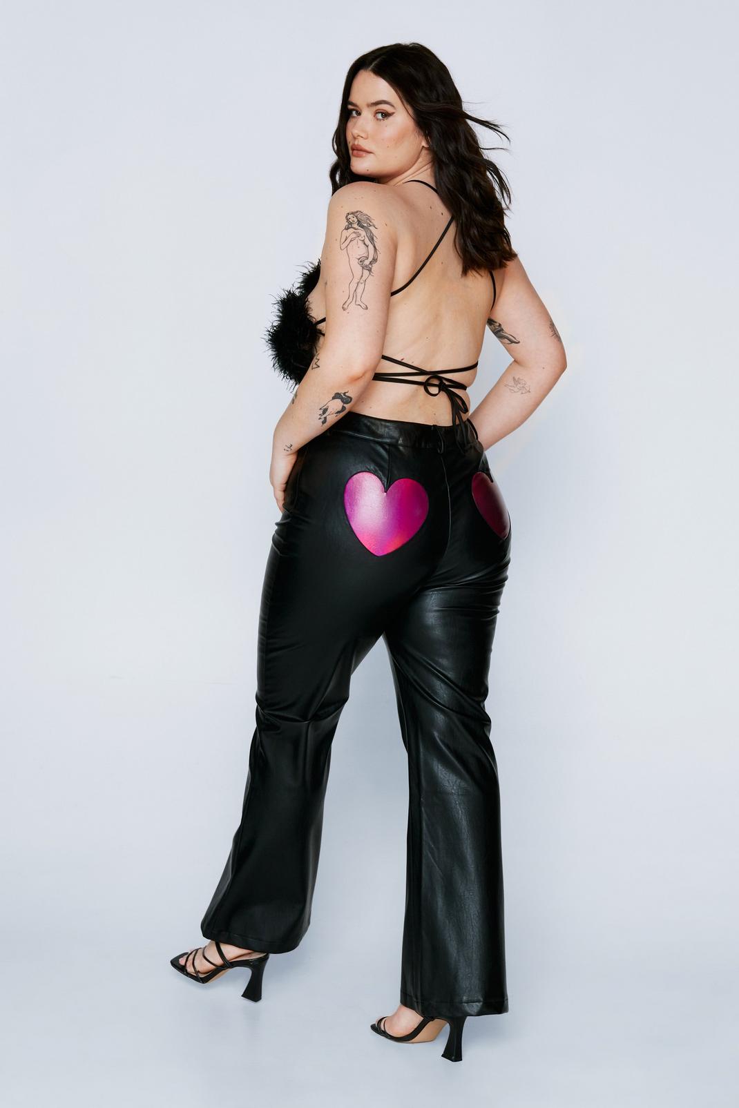Black Plus Size Faux Leather Heart Bum Flare Pants image number 1