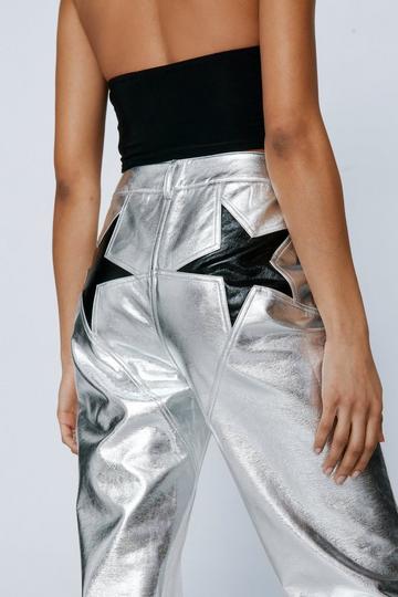 Metallic Star Bum Faux Leather Pants silver