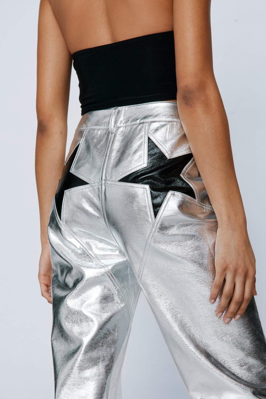 Silver Metallic Star Bum Faux Leather Pants image number 1